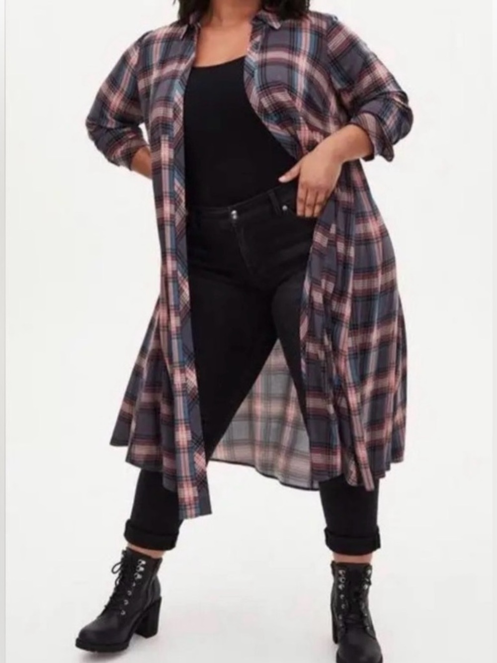 Torrid Challis Maxi‎ Shirt Style Kimono Plaid Duster Size 2x Open Front